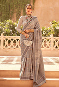 Monjolika Fashion Raw Silk Beige Foil Print Contemporary Saree - Distacart