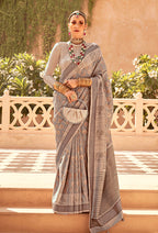 Monjolika Fashion Raw Silk Beige Foil Print Contemporary Saree - Distacart