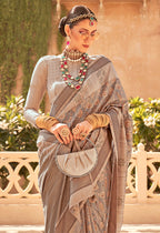 Monjolika Fashion Raw Silk Beige Foil Print Contemporary Saree - Distacart
