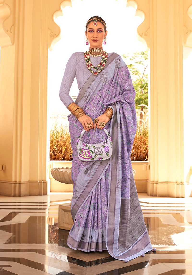 Monjolika Fashion Raw Silk Foil Print Lavender Trendy Saree - Distacart