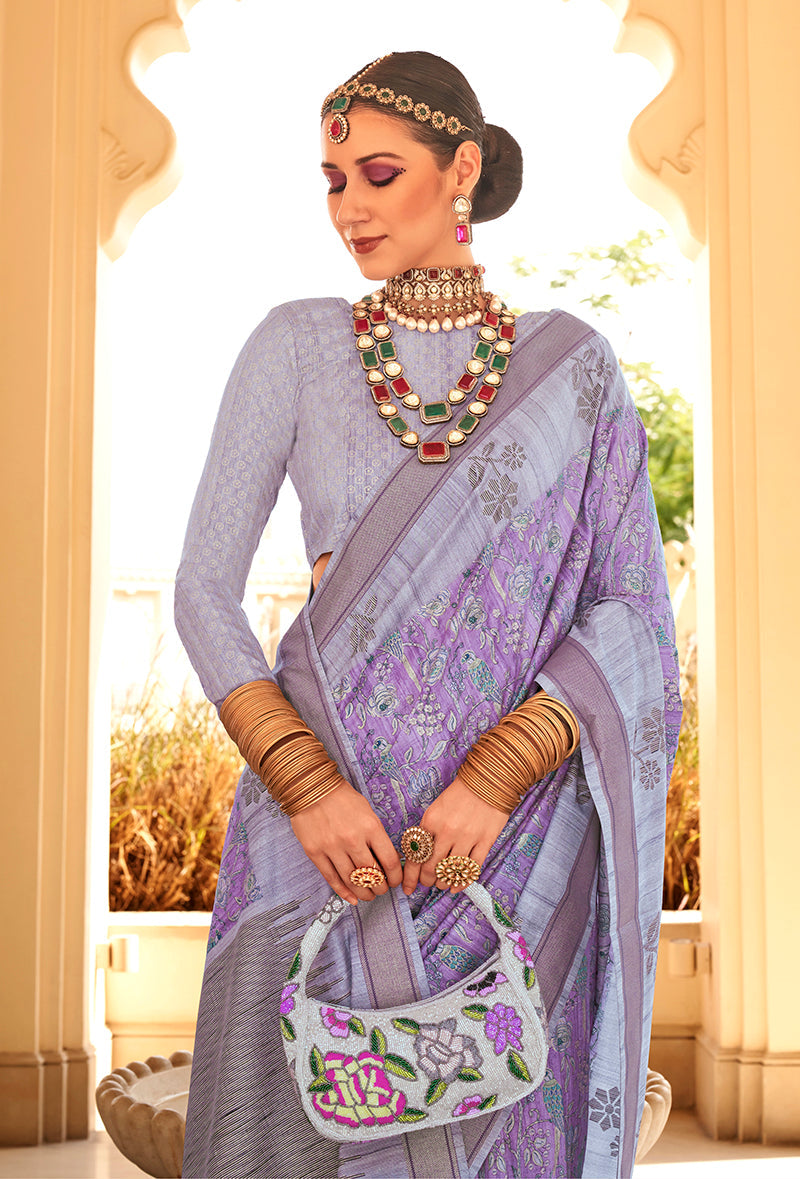 Monjolika Fashion Raw Silk Foil Print Lavender Trendy Saree - Distacart