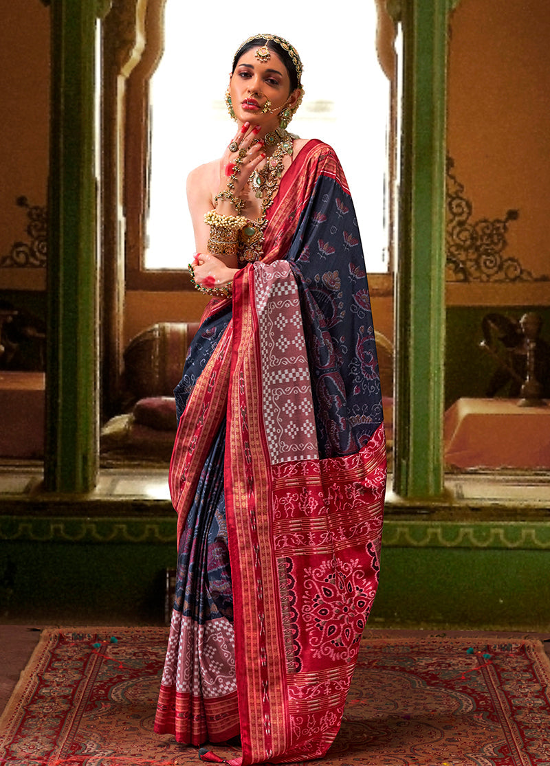 Monjolika Fashion Silk Patola Print Navy Blue Traditional Saree - Distacart