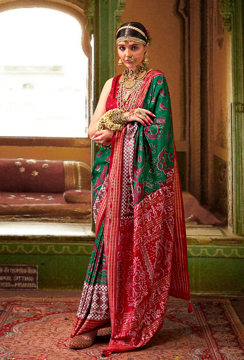 Monjolika Fashion Green Silk Patola Print Classic Saree - Distacart