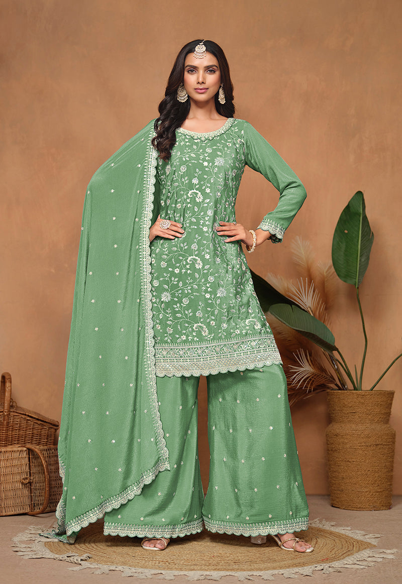 Monjolika Fashion Light-Green Color Embroidered Santoon Chinnon Salwar Suit - Distacart