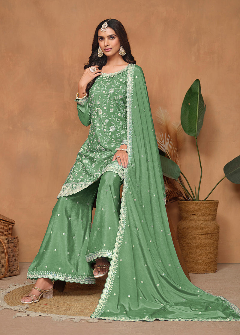 Monjolika Fashion Light-Green Color Embroidered Santoon Chinnon Salwar Suit - Distacart
