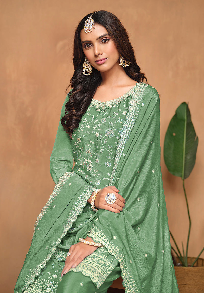 Monjolika Fashion Light-Green Color Embroidered Santoon Chinnon Salwar Suit - Distacart