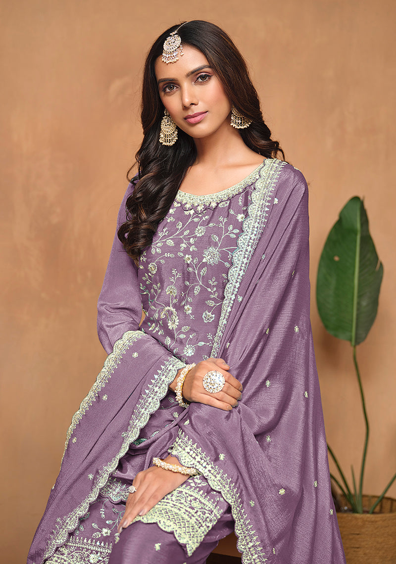 Monjolika Fashion Lavender Color Embroidered Santoon Chinnon Salwar Suit - Distacart