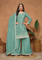 Monjolika Fashion Turquoise Color Embroidered Santoon Chinnon Salwar Suit - Distacart