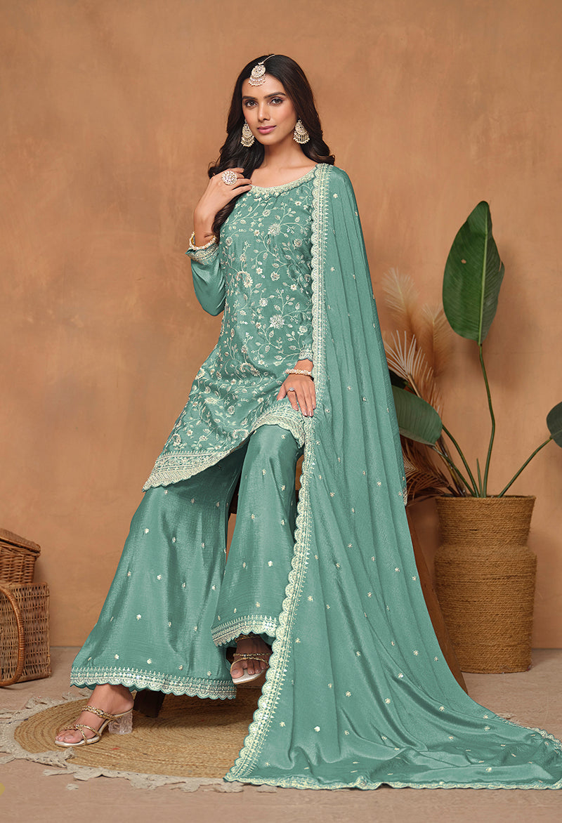 Monjolika Fashion Turquoise Color Embroidered Santoon Chinnon Salwar Suit - Distacart