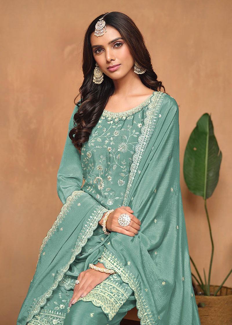 Monjolika Fashion Turquoise Color Embroidered Santoon Chinnon Salwar Suit - Distacart