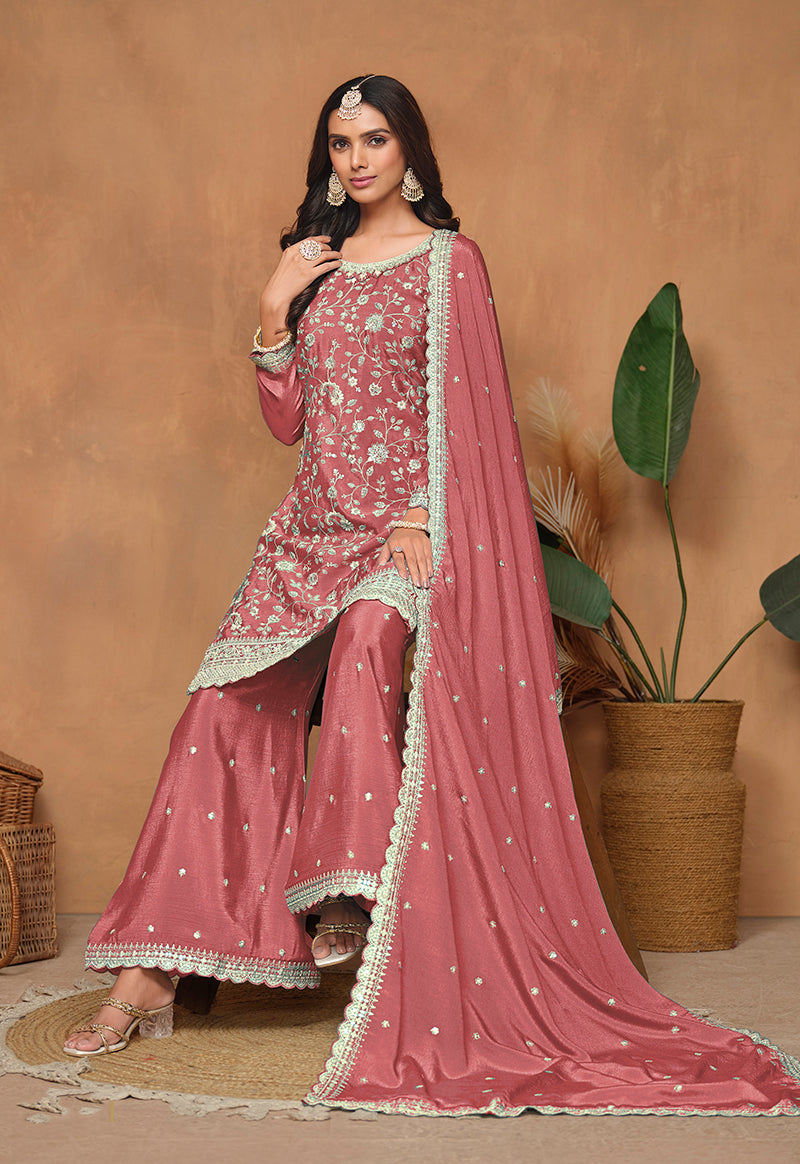 Monjolika Fashion Peach Color Embroidered Santoon Chinnon Salwar Suit - Distacart