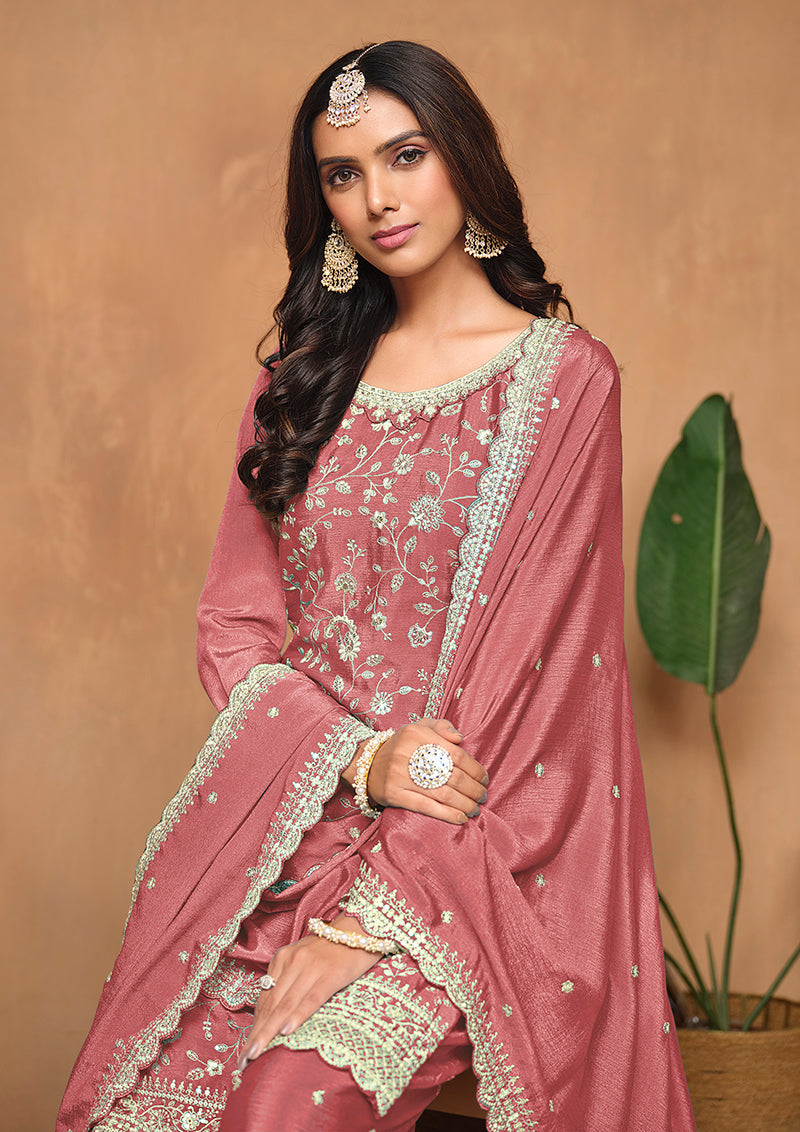 Monjolika Fashion Peach Color Embroidered Santoon Chinnon Salwar Suit - Distacart