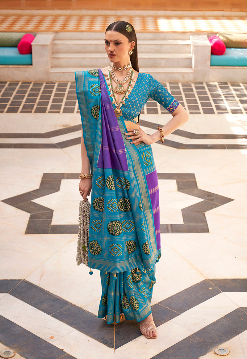 Monjolika Fashion Aqua Blue Silk Foil Print Patola Contemporary Saree - Distacart