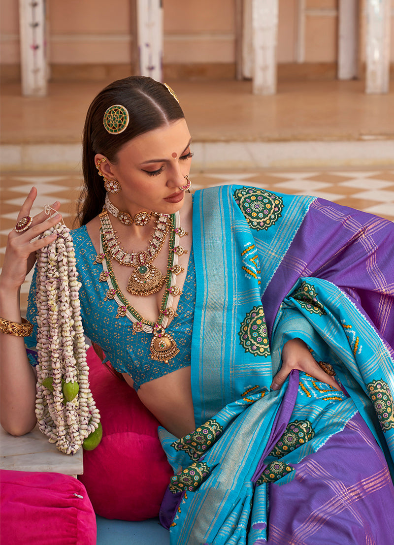 Monjolika Fashion Aqua Blue Silk Foil Print Patola Contemporary Saree - Distacart