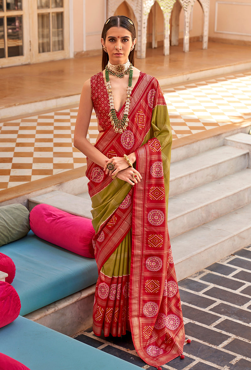 Monjolika Fashion Silk Olive Foil Print Patola Designer Saree - Distacart