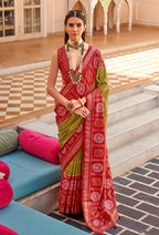 Monjolika Fashion Silk Olive Foil Print Patola Designer Saree - Distacart