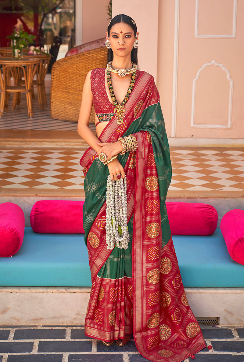 Monjolika Fashion Silk Dark Green Foil Print Patola Traditional Saree - Distacart
