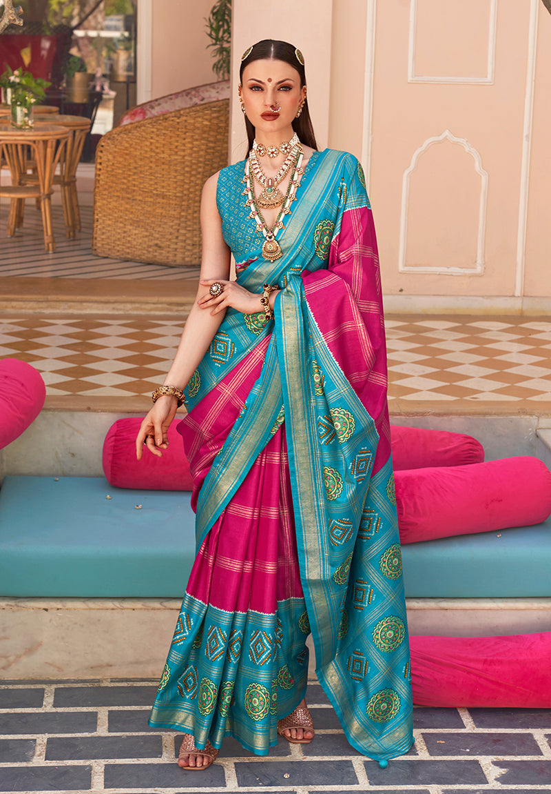 Monjolika Fashion Silk Foliage Prints Rani Pink Patola Trendy Saree - Distacart
