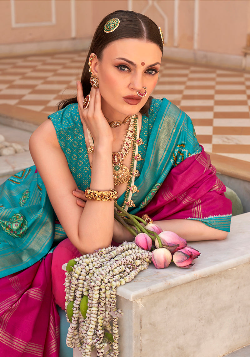 Monjolika Fashion Silk Foliage Prints Rani Pink Patola Trendy Saree - Distacart