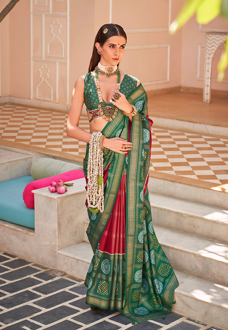 Monjolika Fashion Silk Dark Green Patola Foil Print Classic Saree - Distacart