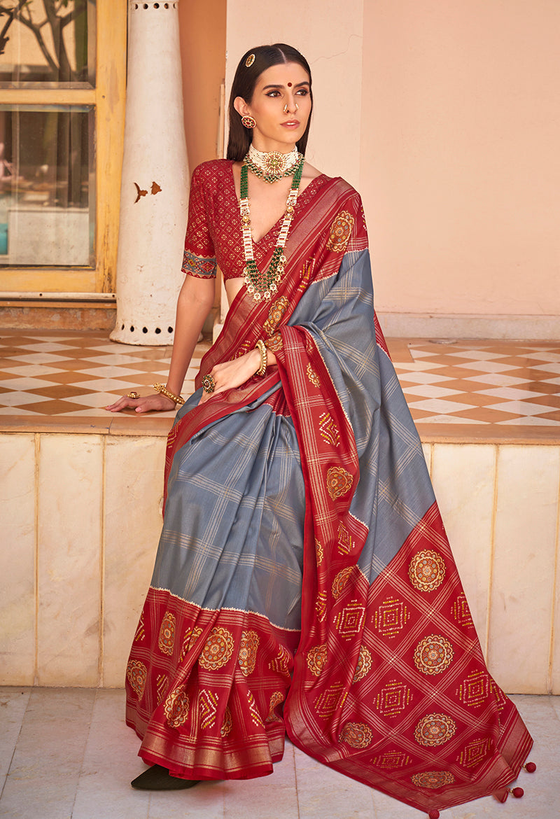 Monjolika Fashion Patola Foil Print Silk Grey Contemporary Saree - Distacart