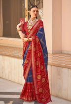 Monjolika Fashion Navy Blue Patola Foliage Prints Silk Designer Saree - Distacart