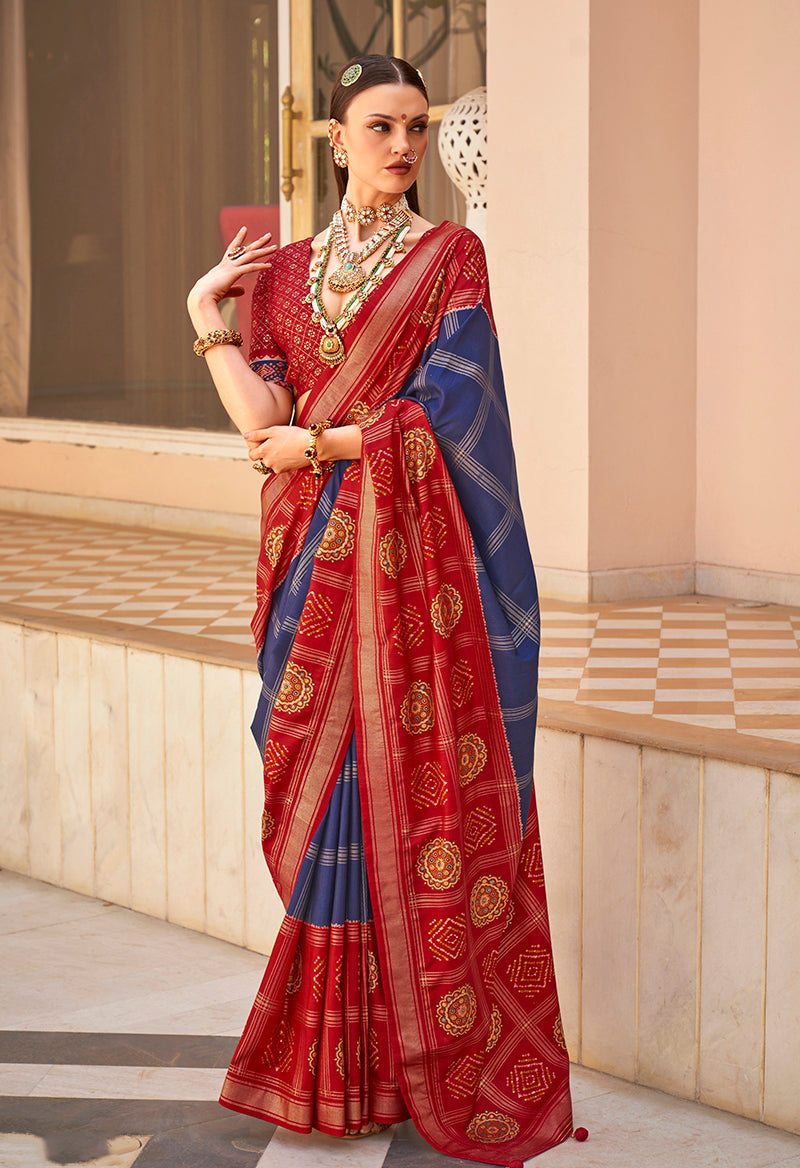 Monjolika Fashion Navy Blue Patola Foliage Prints Silk Designer Saree - Distacart
