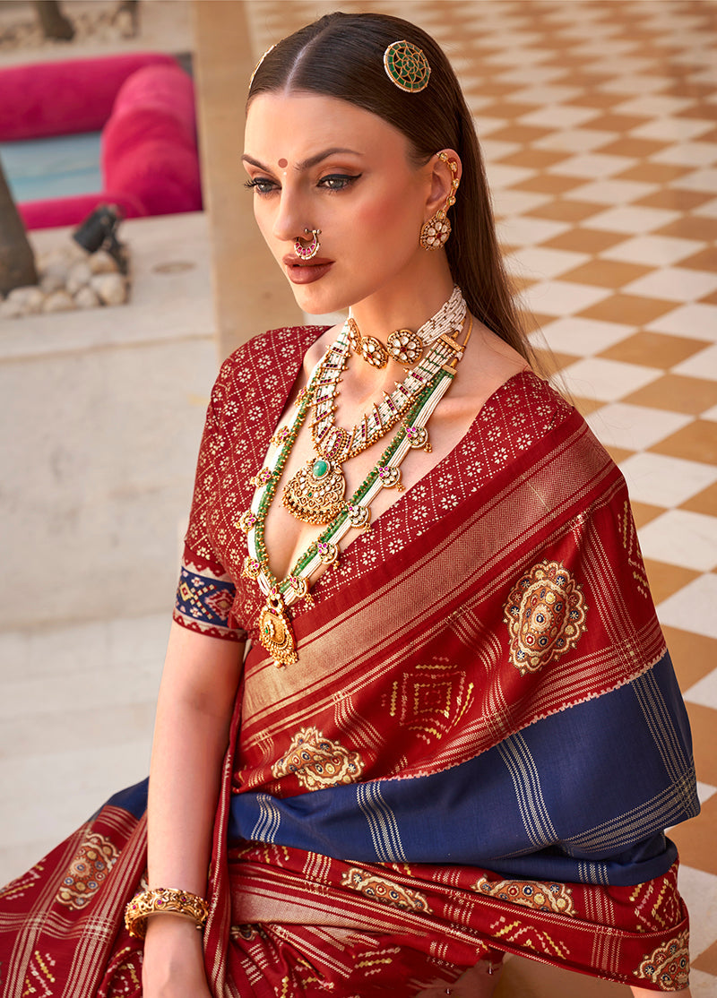 Monjolika Fashion Navy Blue Patola Foliage Prints Silk Designer Saree - Distacart