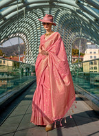 Monjolika Fashion Peach Katan Silk Weaving Zari Work Party Contemporary Saree