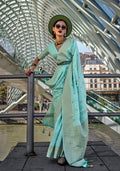 Monjolika Fashion Katan Silk Aqua Blue Weaving Zari Work Trendy Saree
