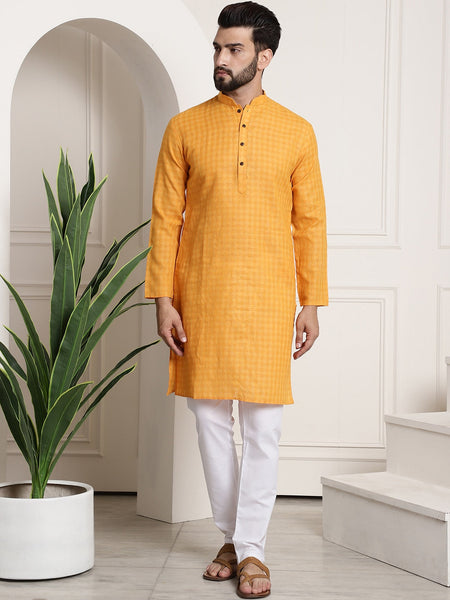 Sojanya Men Mustard Yellow Dobby Self-Checked Straight Kurta