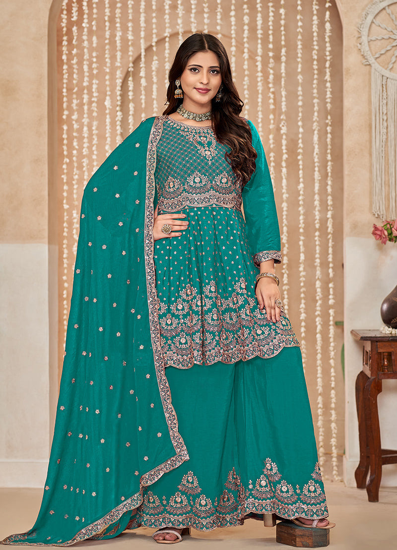 Monjolika Fashion Turquoise Color Embroidered Santoon Chinnon Salwar Suit - Distacart