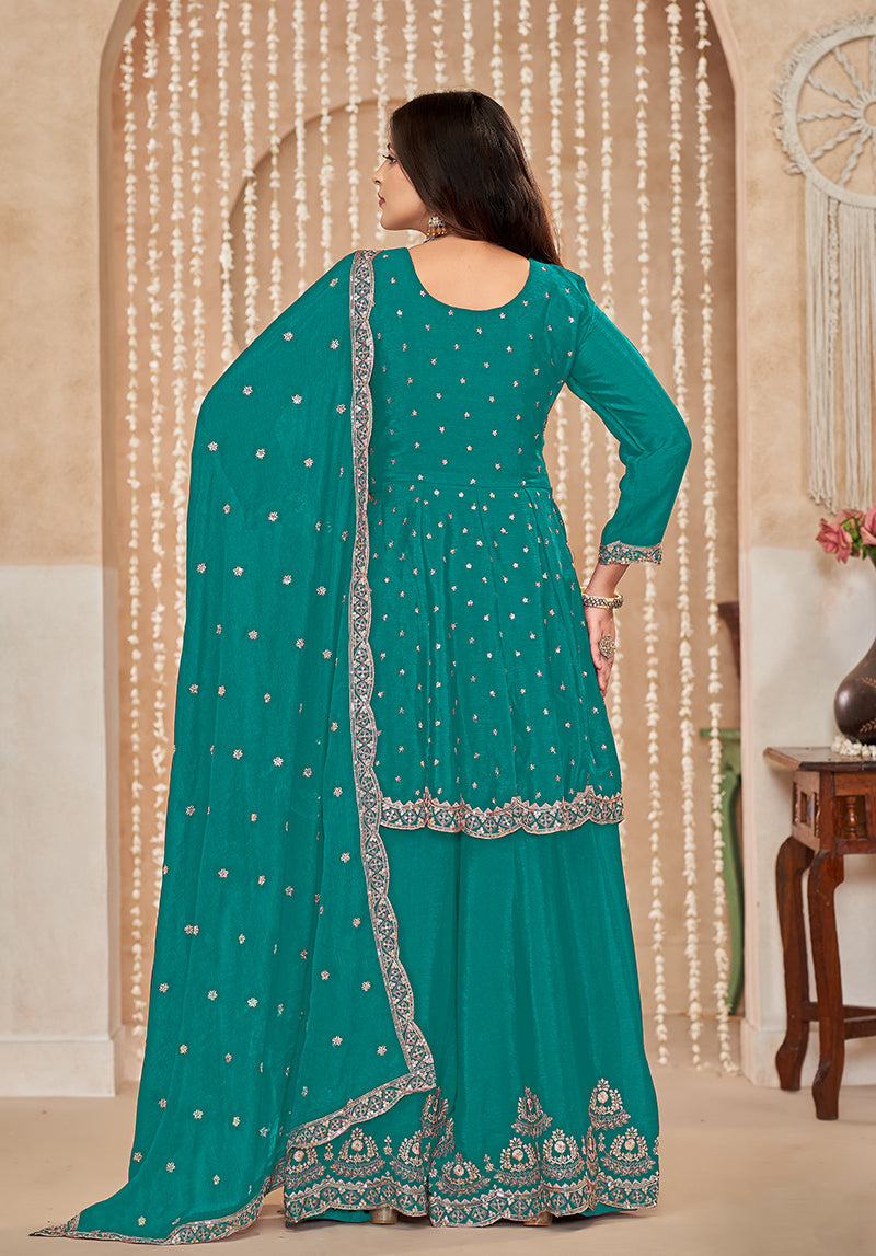 Monjolika Fashion Turquoise Color Embroidered Santoon Chinnon Salwar Suit - Distacart