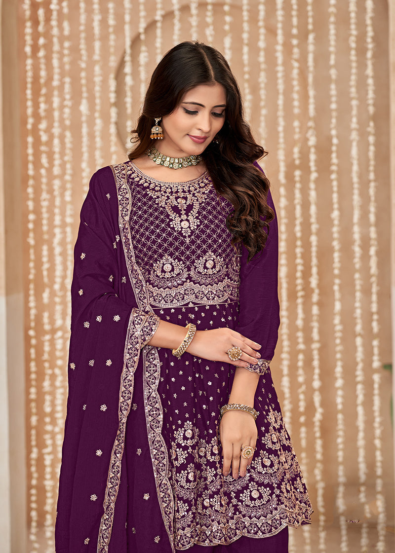 Monjolika Fashion Wine Color Embroidered Santoon Chinnon Salwar Suit - Distacart