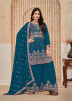 Monjolika Fashion Teal-Blue Color Embroidered Santoon Chinnon Salwar Suit - Distacart