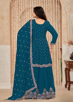 Monjolika Fashion Teal-Blue Color Embroidered Santoon Chinnon Salwar Suit - Distacart