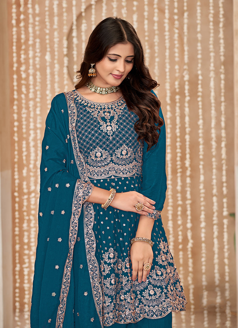 Monjolika Fashion Teal-Blue Color Embroidered Santoon Chinnon Salwar Suit - Distacart