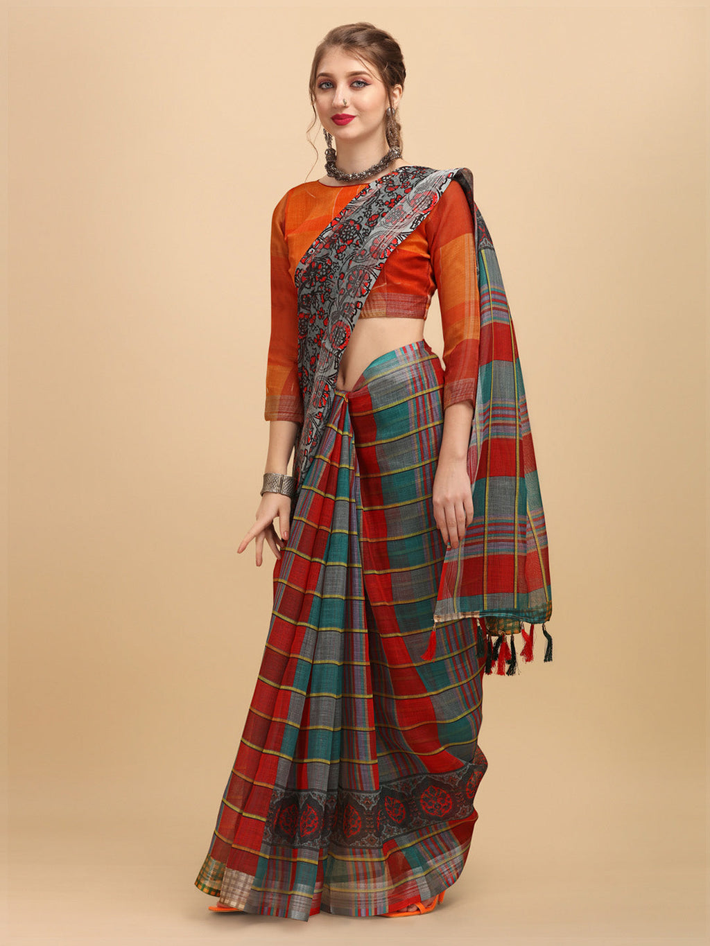 Sangria Grey & Red Beads and Stones Pure Linen Saree - Distacart
