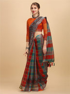 Sangria Grey & Red Beads and Stones Pure Linen Saree - Distacart