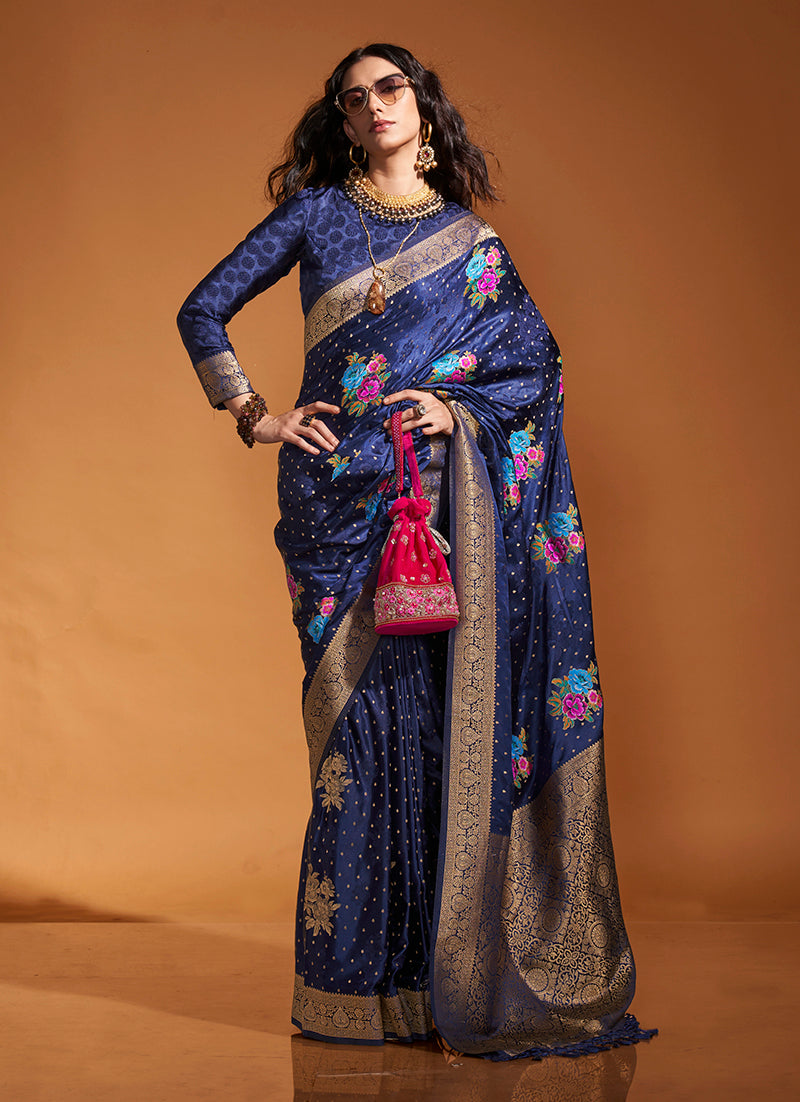 Monjolika Fashion Handloom Silk Navy Blue Weaving Zari Classic Saree