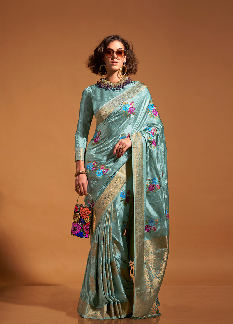 Monjolika Fashion Handloom Silk Aqua Blue Contemporary Saree For Ceremonial