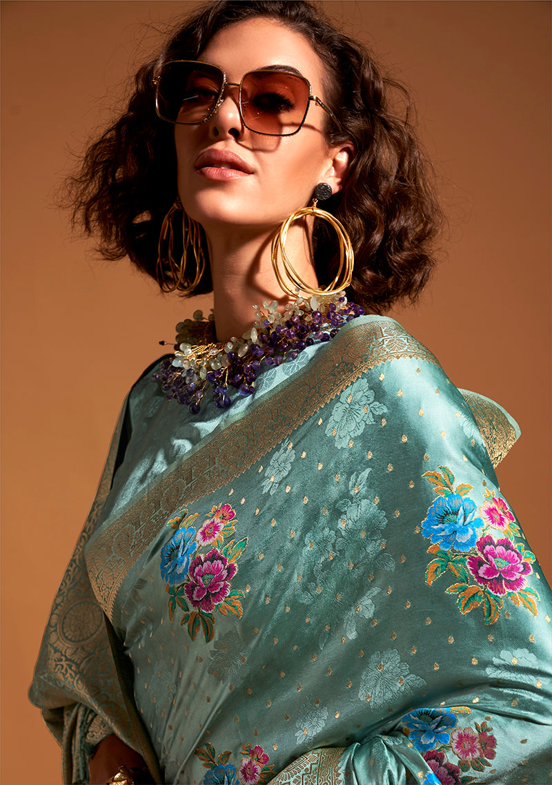 Monjolika Fashion Handloom Silk Aqua Blue Contemporary Saree For Ceremonial