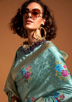 Monjolika Fashion Handloom Silk Aqua Blue Contemporary Saree For Ceremonial
