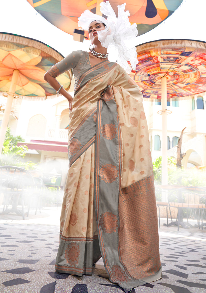Monjolika Fashion Katan Silk Weaving Zari Designer Saree In Cream - Distacart