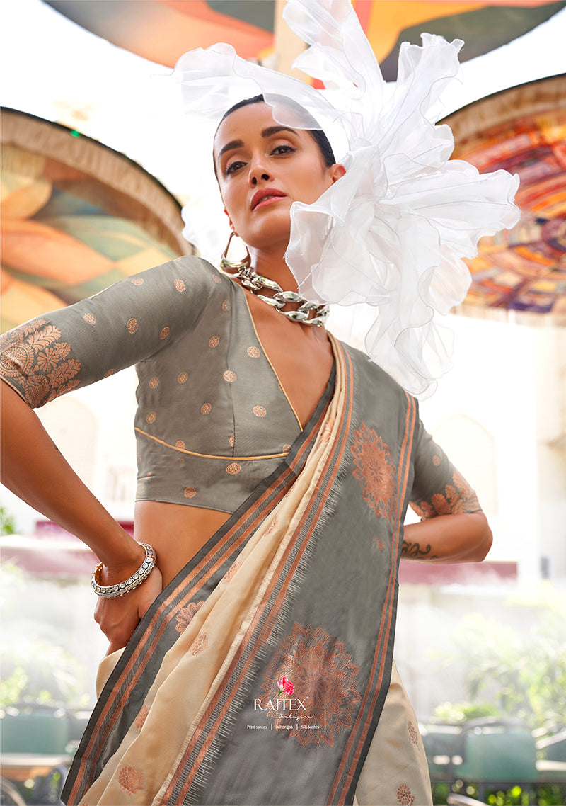 Monjolika Fashion Katan Silk Weaving Zari Designer Saree In Cream - Distacart
