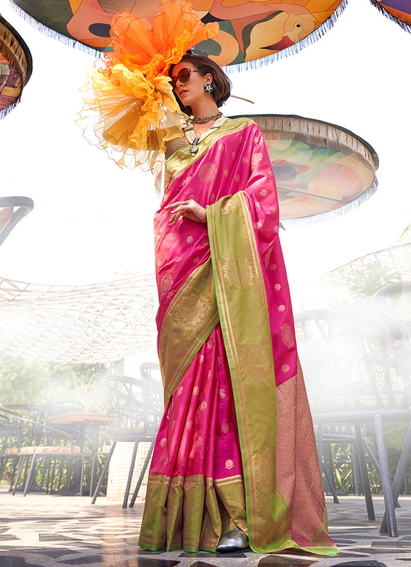 Monjolika Fashion Katan Silk Rani Pink Weaving Traditional Saree