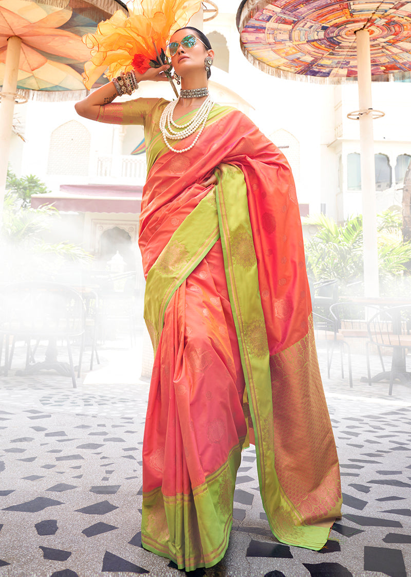 Monjolika Fashion Peach Weaving Zari Katan Silk Party Classic Saree