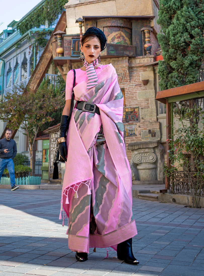 Monjolika Fashion Katan Silk Weaving Zari Pink Party Classic Saree - Distacart