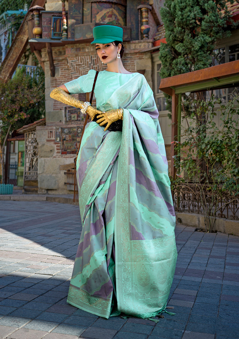 Monjolika Fashion Sea Green Katan Silk Weaving Zari Traditional Saree - Distacart