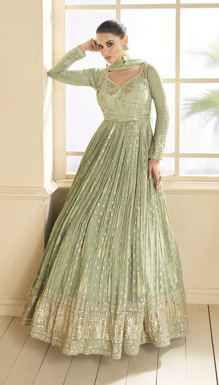 Anaita Mehendi Embroidered Viscose Jacquard Anarkali Suit